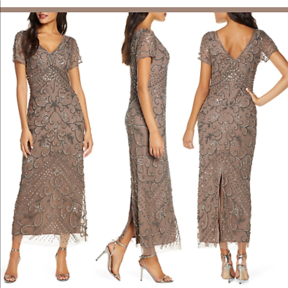 Pisarro Nights Beaded Longline Gown in Taupe